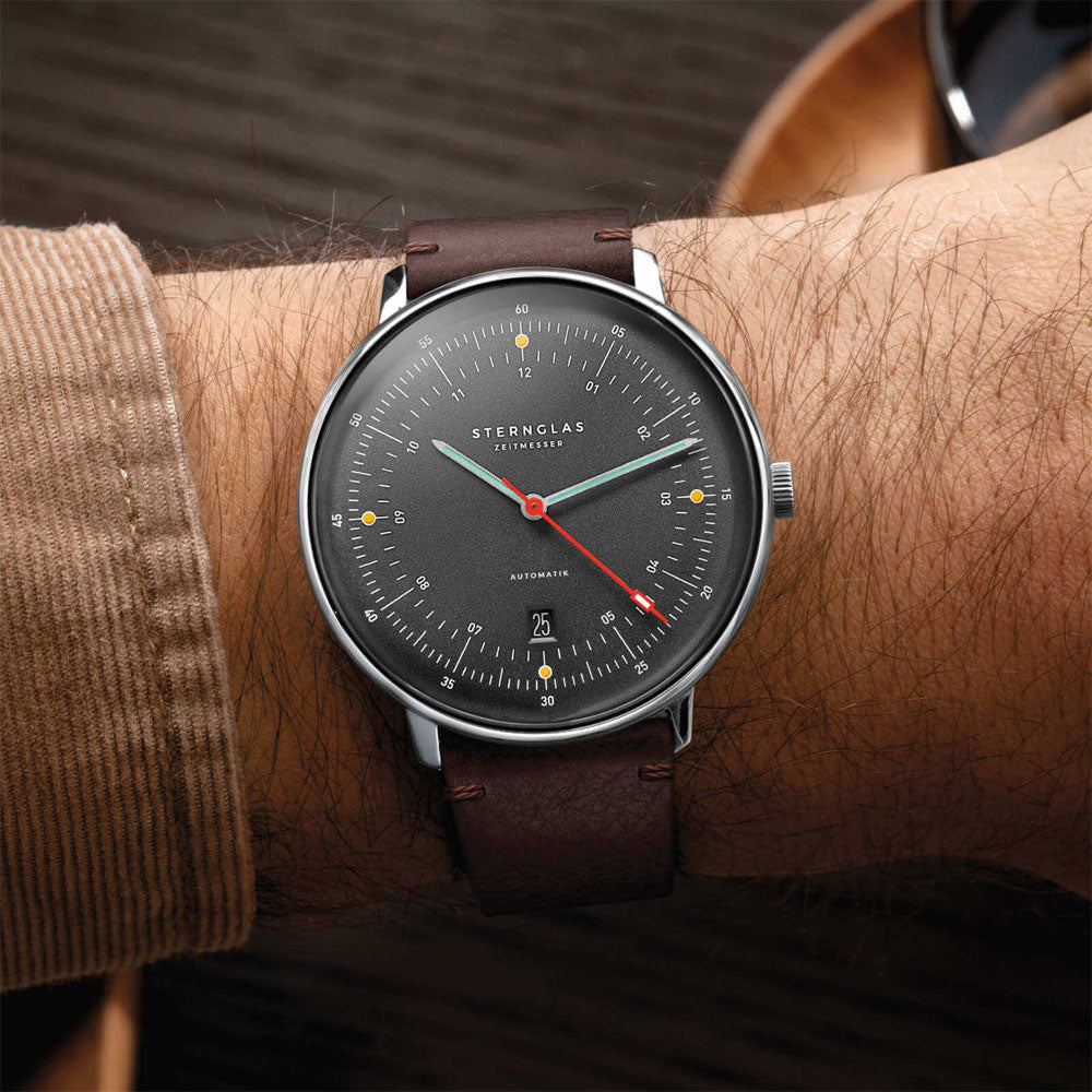 Sternglas Hamburg Automatik Edition Neuwerk 42mm Watch S02-HHN11-VI11, Storm Grey Dial, Sapphire Crystal, Vintage Mocha Leather Strap, 5 ATM Water Resistant