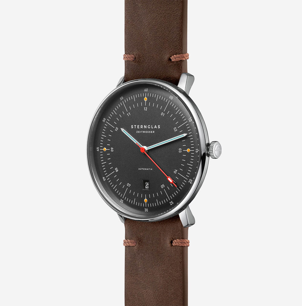 Sternglas Hamburg Automatik Edition Neuwerk 42mm Watch S02-HHN11-VI11, Storm Grey Dial, Sapphire Crystal, Vintage Mocha Leather Strap, 5 ATM Water Resistant
