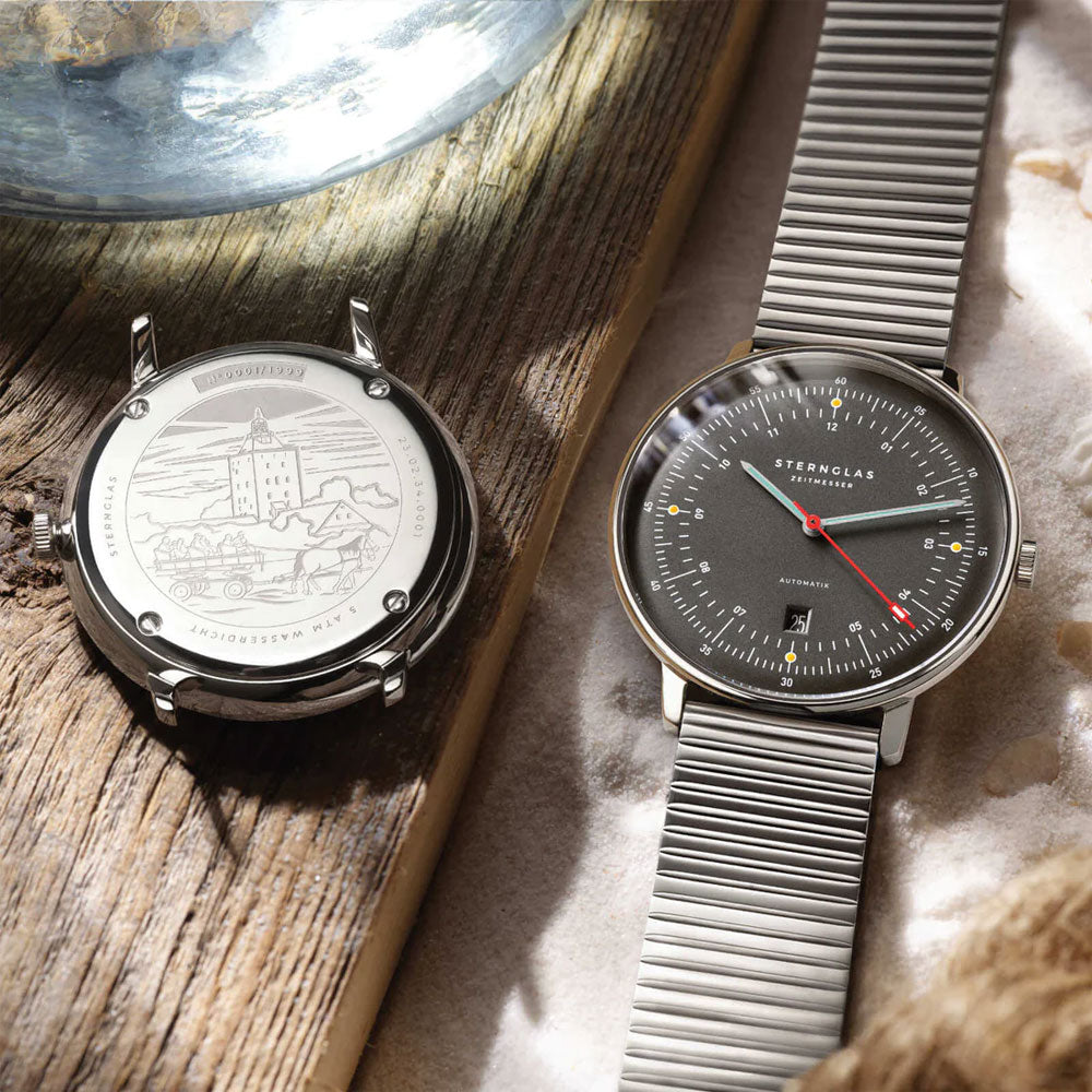 Sternglas Hamburg Automatik Edition Neuwerk 42mm Watch S02-HHN11-ME06, Storm Grey Dial, Sapphire Crystal, Stainless Steel Segment Strap, 5 ATM Water Resistant