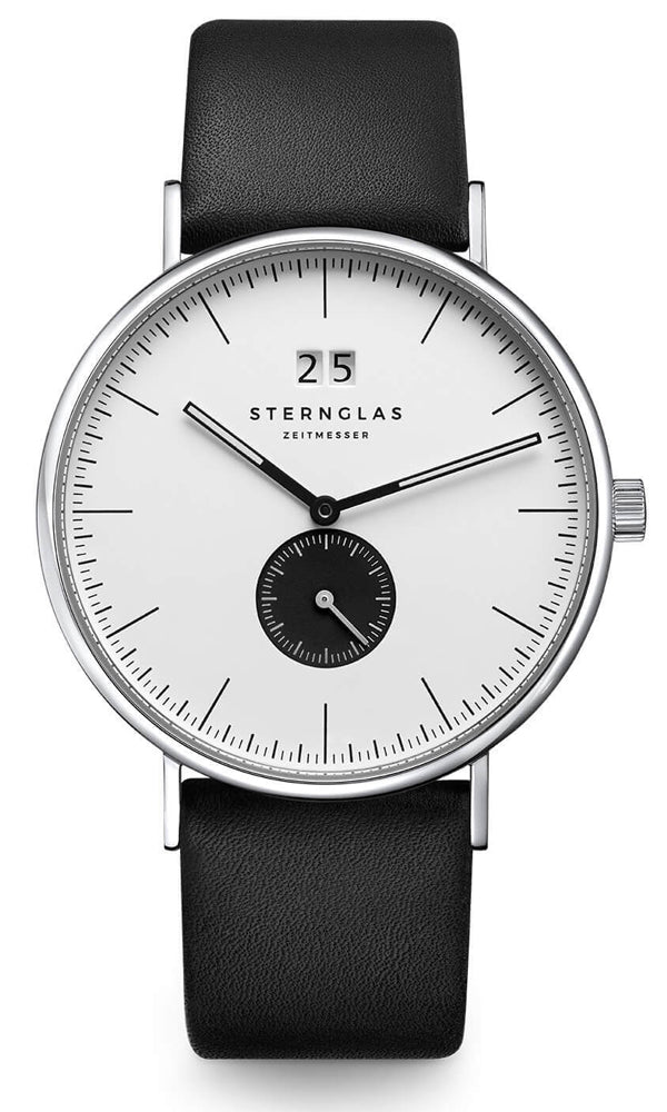 Sternglas Ivo 40mm Quartz Watch S01-IV01-PR07, White Dial, Sapphire Crystal, Premium Black Leather Strap, 5 ATM Water Resistant