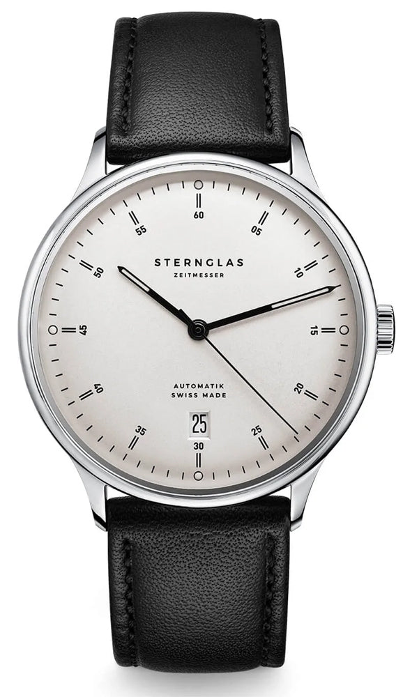 Sternglas KANTON 2.0 39mm Automatic Watch S02-KF10-MO01, Silver Dial, Sapphire Crystal, Modena Black Leather Strap, 5 ATM Water Resistant