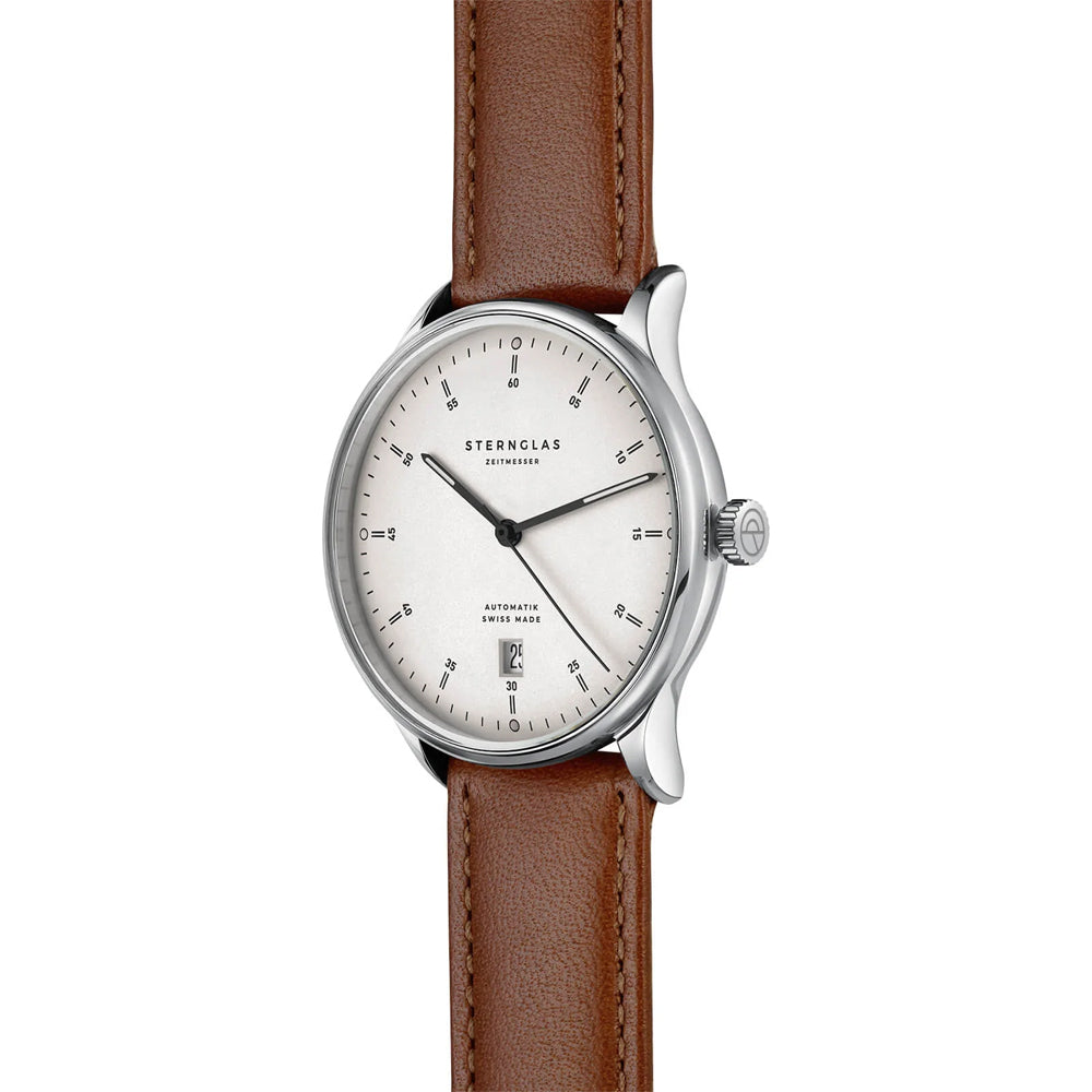 Sternglas KANTON 2.0 39mm Automatic Watch S02-KF10-MO02, Silver Dial, Sapphire Crystal, Modena Brown Leather Strap, 5 ATM Water Resistant