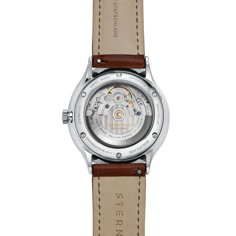 Sternglas KANTON 2.0 39mm Automatic Watch S02-KF10-MO02, Silver Dial, Sapphire Crystal, Modena Brown Leather Strap, 5 ATM Water Resistant