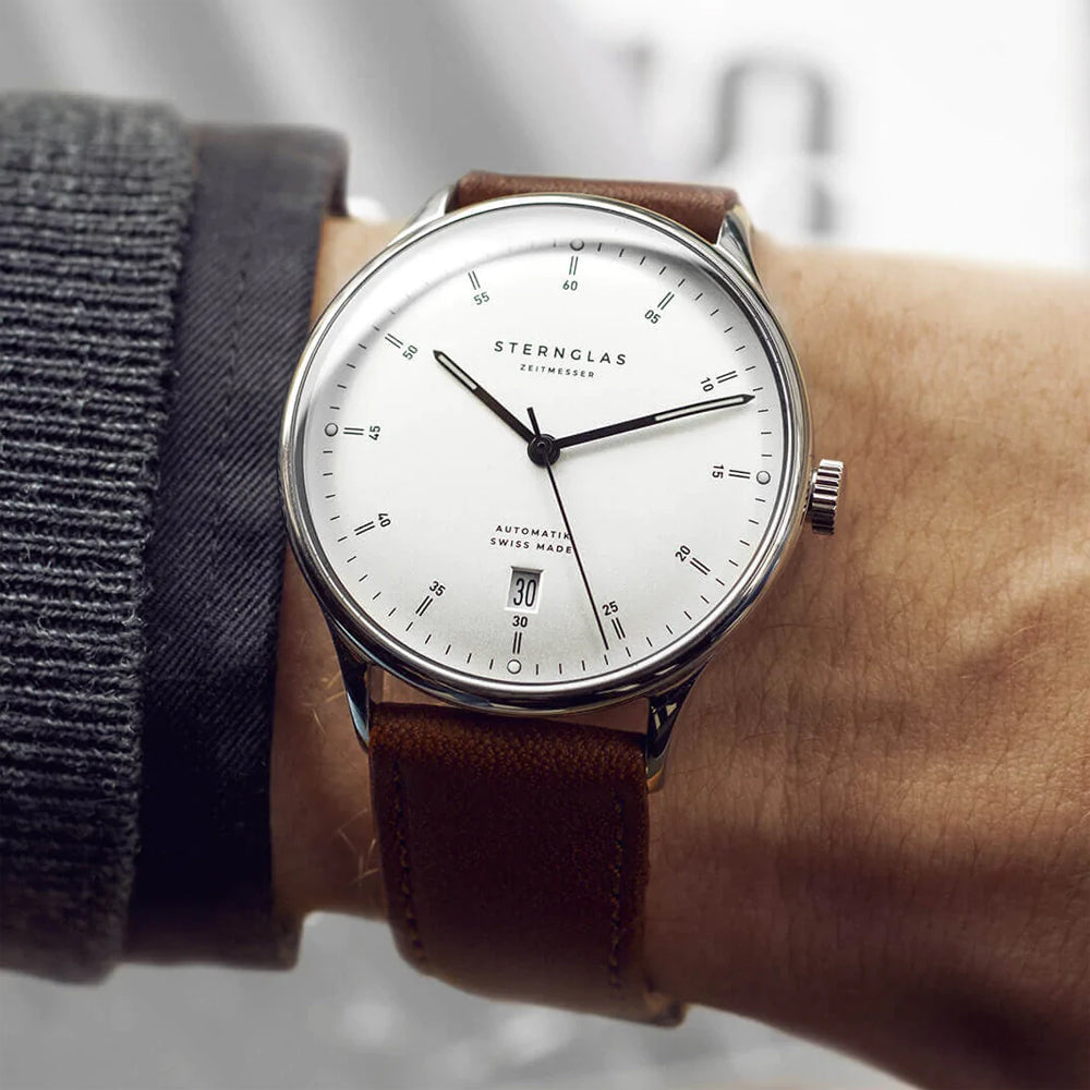 Sternglas KANTON 2.0 39mm Automatic Watch S02-KF10-MO02, Silver Dial, Sapphire Crystal, Modena Brown Leather Strap, 5 ATM Water Resistant