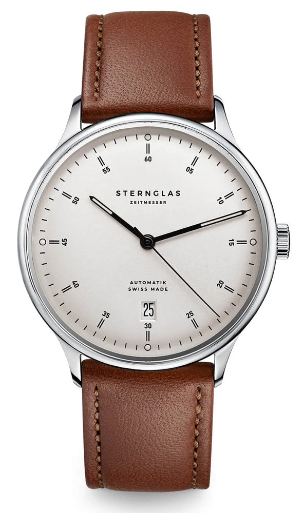 Sternglas KANTON 2.0 39mm Automatic Watch S02-KF10-MO02, Silver Dial, Sapphire Crystal, Modena Brown Leather Strap, 5 ATM Water Resistant