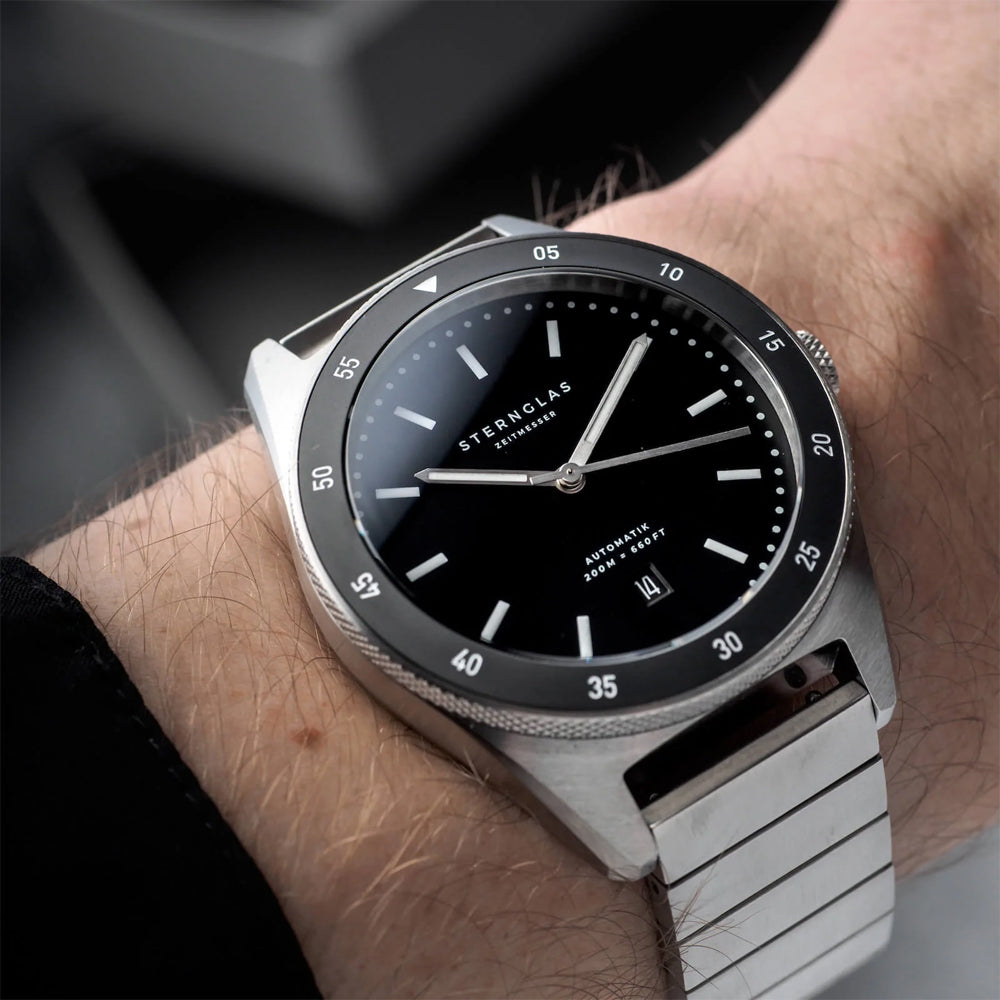 Sternglas MARUS 42mm Automatic Dive Watch S02-MA03-ME03, Black-Silver Dial, Sapphire Crystal, Stainless Steel Bracelet, 20 ATM Water Resistant