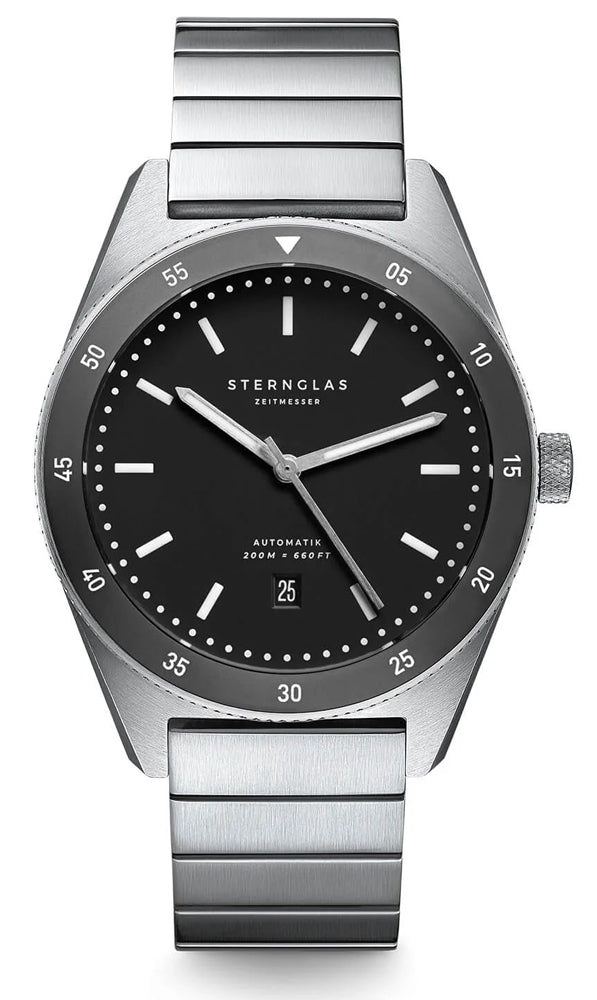 Sternglas MARUS 42mm Automatic Dive Watch S02-MA03-ME03, Black-Silver Dial, Sapphire Crystal, Stainless Steel Bracelet, 20 ATM Water Resistant