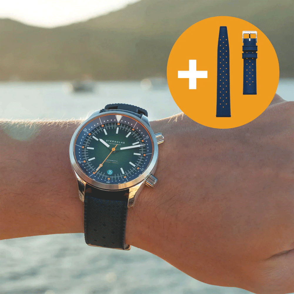 Sternglas MERION 42mm Automatic Watch S02-ME08-SET, Green-Orange Dial, Sapphire Crystal, Metal & Rubber Straps, 20 ATM Water Resistant