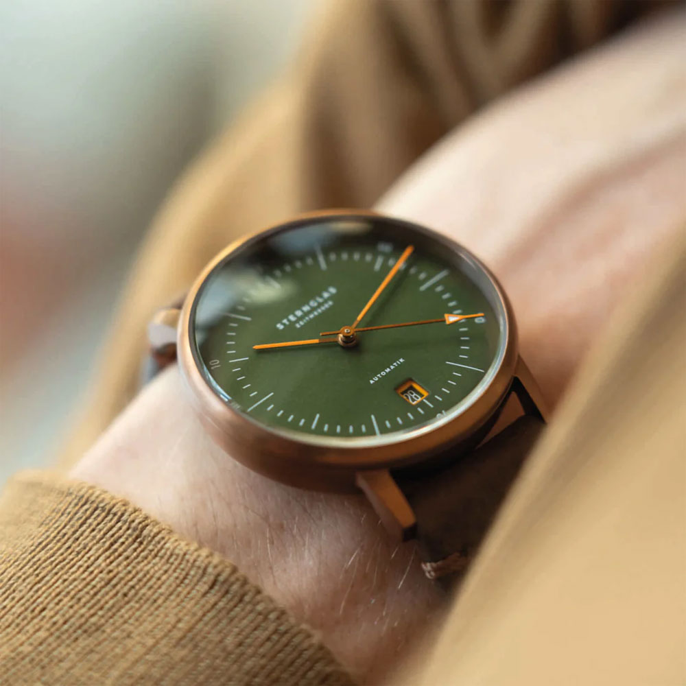 Sternglas NAOS AUTOMATIK Edition Bronze 38mm Watch S02-NAR19-VI17, Green Dial, Sapphire Crystal, Vintage Mocha Leather Strap, 5 ATM Water Resistant