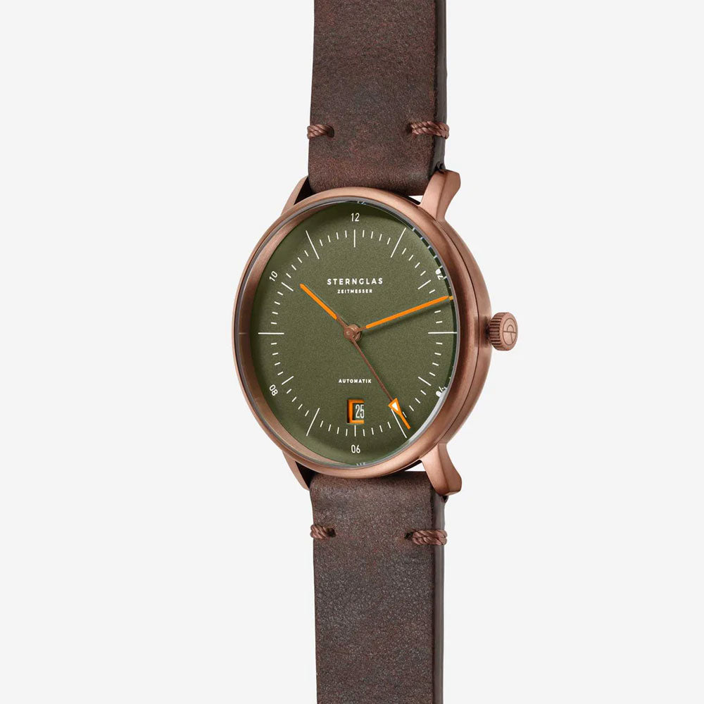 Sternglas NAOS AUTOMATIK Edition Bronze 38mm Watch S02-NAR19-VI17, Green Dial, Sapphire Crystal, Vintage Mocha Leather Strap, 5 ATM Water Resistant