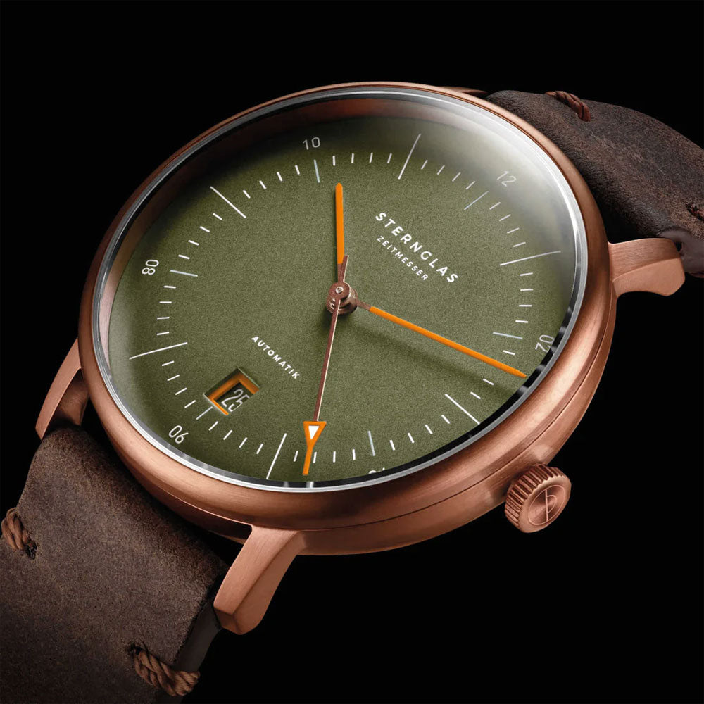 Sternglas NAOS AUTOMATIK Edition Bronze 38mm Watch S02-NAR19-VI17, Green Dial, Sapphire Crystal, Vintage Mocha Leather Strap, 5 ATM Water Resistant