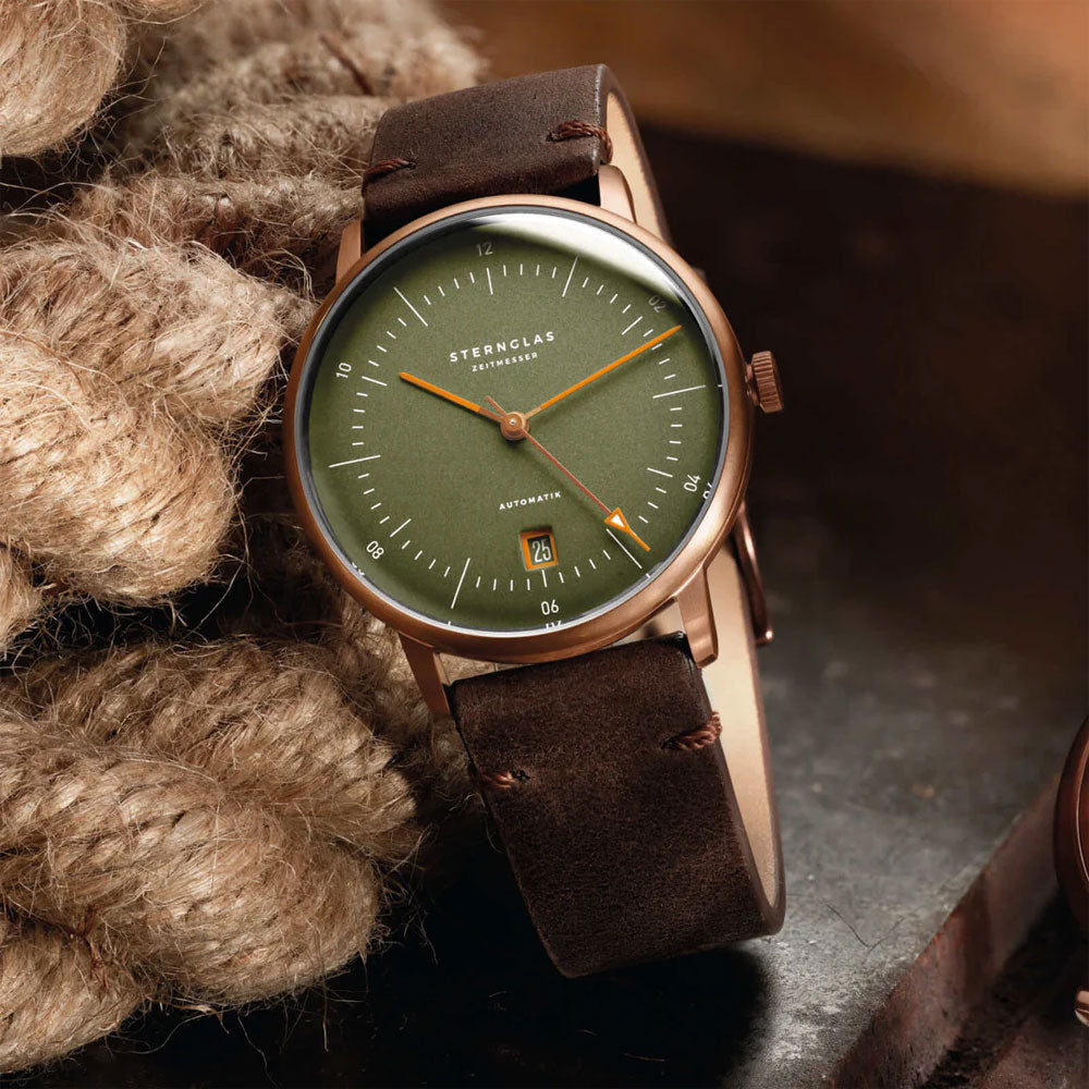 Sternglas NAOS AUTOMATIK Edition Bronze 38mm Watch S02-NAR19-VI17, Green Dial, Sapphire Crystal, Vintage Mocha Leather Strap, 5 ATM Water Resistant