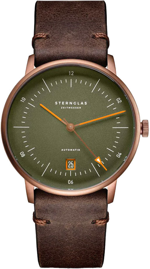 Sternglas NAOS AUTOMATIK Edition Bronze 38mm Watch S02-NAR19-VI17, Green Dial, Sapphire Crystal, Vintage Mocha Leather Strap, 5 ATM Water Resistant