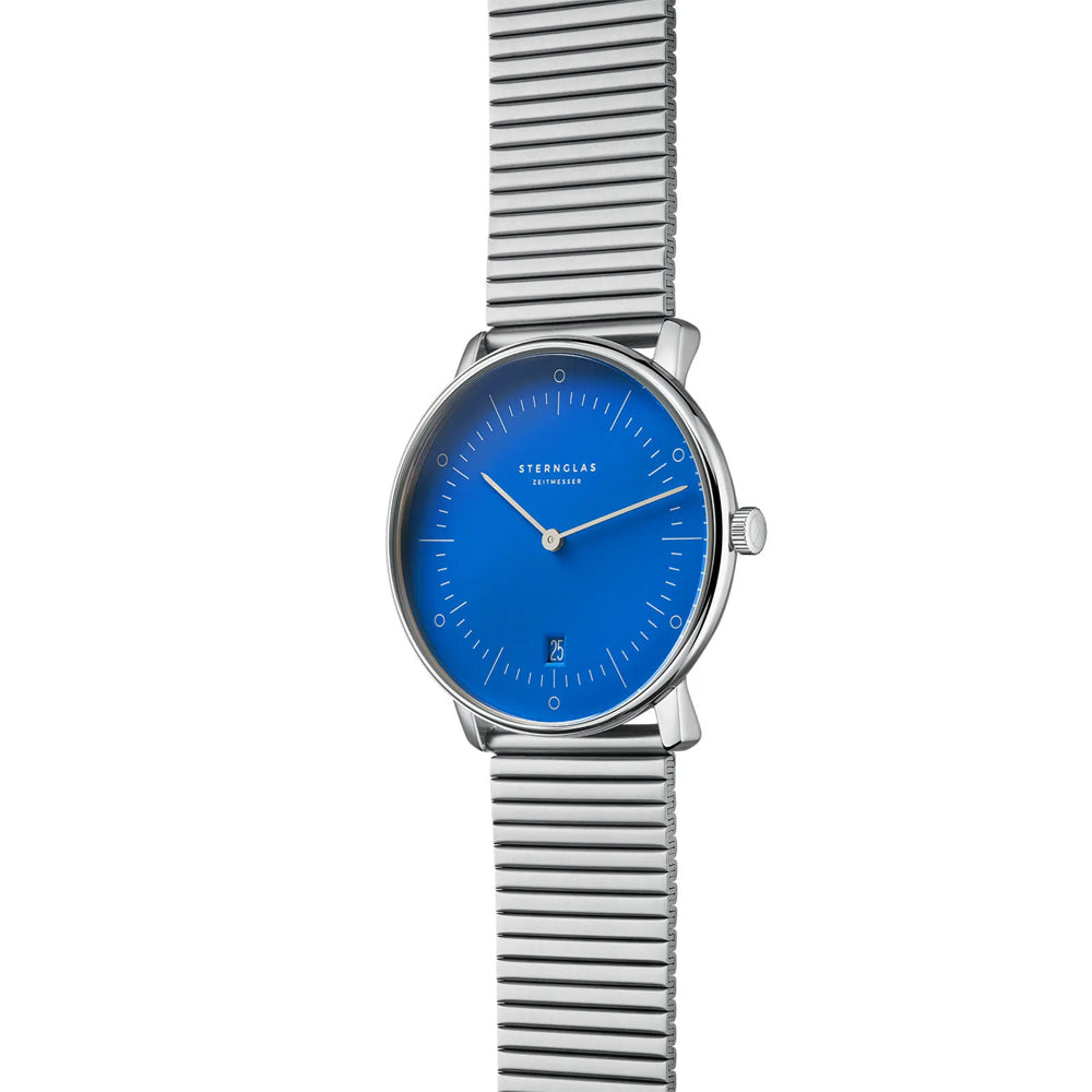 Sternglas NAOS Edition Bauhaus II 38mm Quartz Watch S01-NAF06-ME06, Blue Silver Dial, Sapphire Crystal, Segment Silver Stainless Steel Strap, 5 ATM Water Resistant