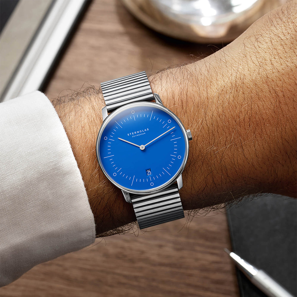 Sternglas NAOS Edition Bauhaus II 38mm Quartz Watch S01-NAF06-ME06, Blue Silver Dial, Sapphire Crystal, Segment Silver Stainless Steel Strap, 5 ATM Water Resistant