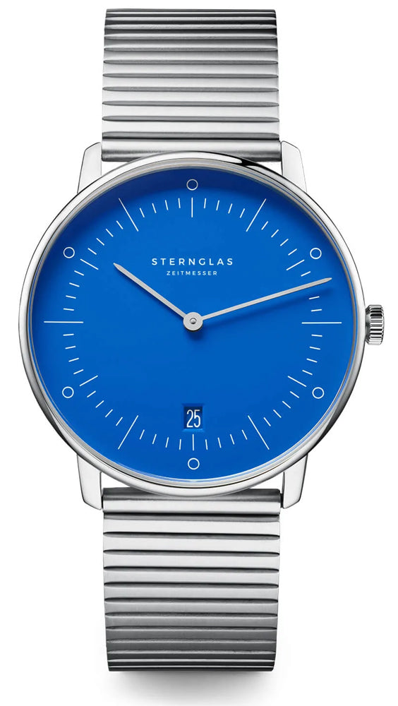 Sternglas NAOS Edition Bauhaus II 38mm Quartz Watch S01-NAF06-ME06, Blue Silver Dial, Sapphire Crystal, Segment Silver Stainless Steel Strap, 5 ATM Water Resistant