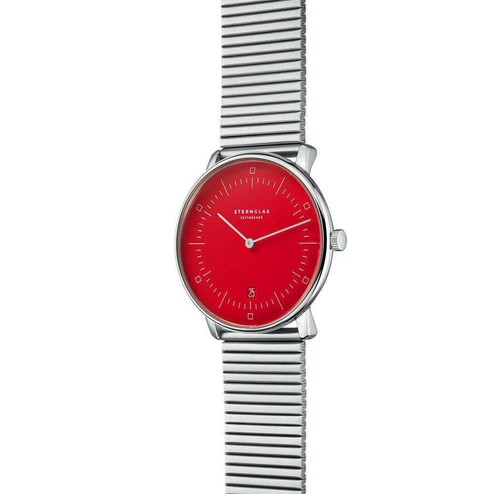 Sternglas NAOS Edition Bauhaus II 38mm Quartz Watch S01-NAF24-ME06, Red Silver Dial, Sapphire Crystal, Segment Silver Stainless Steel Strap, 5 ATM Water Resistant