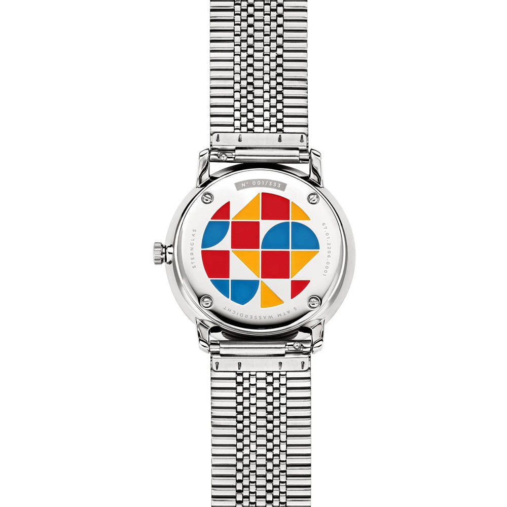 Sternglas NAOS Edition Bauhaus II 38mm Quartz Watch S01-NAF24-ME06, Red Silver Dial, Sapphire Crystal, Segment Silver Stainless Steel Strap, 5 ATM Water Resistant