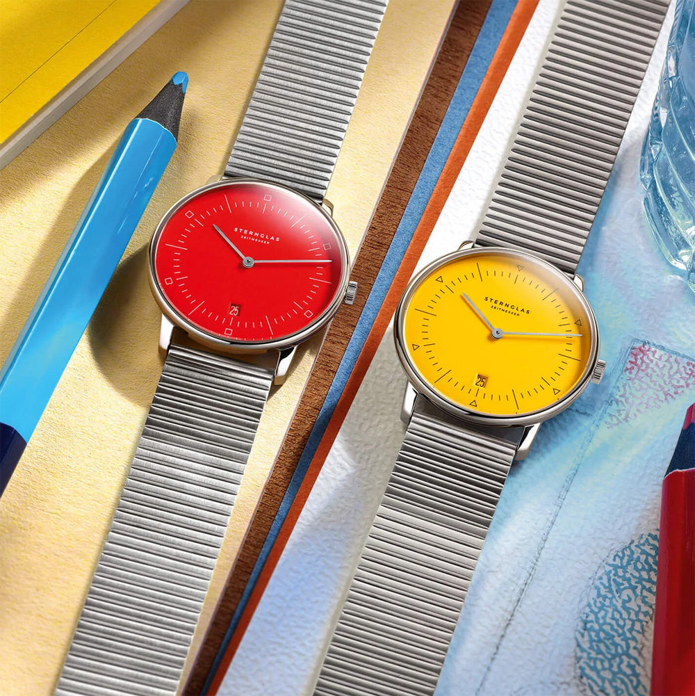 Sternglas NAOS Edition Bauhaus II 38mm Quartz Watch S01-NAF24-ME06, Red Silver Dial, Sapphire Crystal, Segment Silver Stainless Steel Strap, 5 ATM Water Resistant