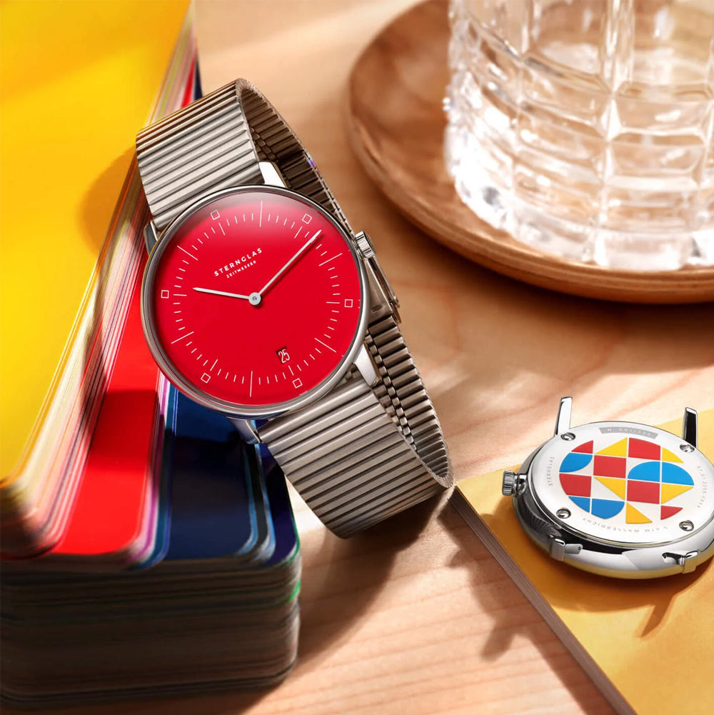 Sternglas NAOS Edition Bauhaus II 38mm Quartz Watch S01-NAF24-ME06, Red Silver Dial, Sapphire Crystal, Segment Silver Stainless Steel Strap, 5 ATM Water Resistant