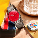 Sternglas NAOS Edition Bauhaus II 38mm Quartz Watch S01-NAF24-ME06, Red Silver Dial, Sapphire Crystal, Segment Silver Stainless Steel Strap, 5 ATM Water Resistant