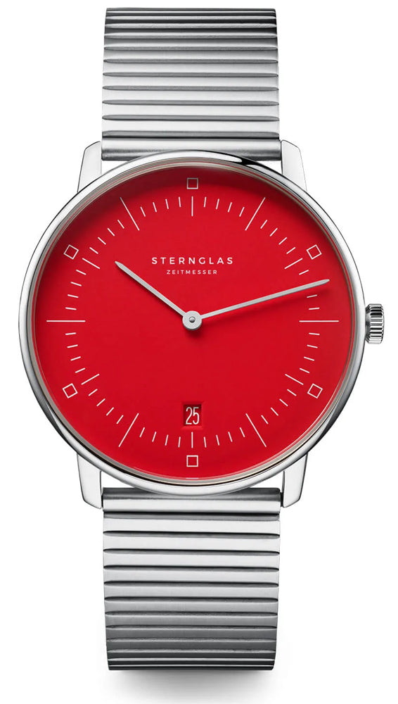 Sternglas NAOS Edition Bauhaus II 38mm Quartz Watch S01-NAF24-ME06, Red Silver Dial, Sapphire Crystal, Segment Silver Stainless Steel Strap, 5 ATM Water Resistant