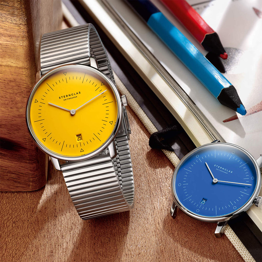 Sternglas NAOS Edition Bauhaus II 38mm Quartz Watch S01-NAF23-ME06, Yellow Silver Dial, Sapphire Crystal, Segment Silver Stainless Steel Strap, 5 ATM Water Resistant