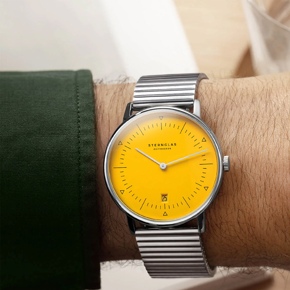 Sternglas NAOS Edition Bauhaus II 38mm Quartz Watch S01-NAF23-ME06, Yellow Silver Dial, Sapphire Crystal, Segment Silver Stainless Steel Strap, 5 ATM Water Resistant
