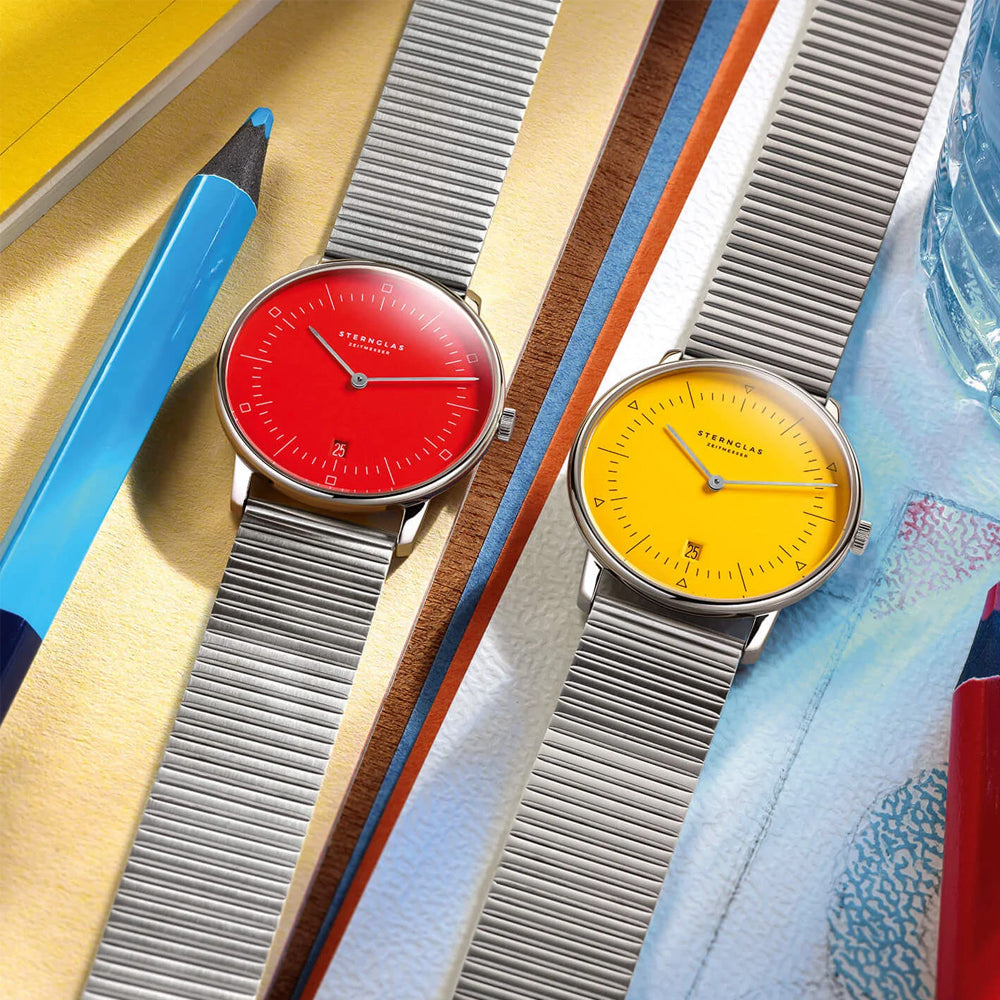 Sternglas NAOS Edition Bauhaus II 38mm Quartz Watch S01-NAF23-ME06, Yellow Silver Dial, Sapphire Crystal, Segment Silver Stainless Steel Strap, 5 ATM Water Resistant