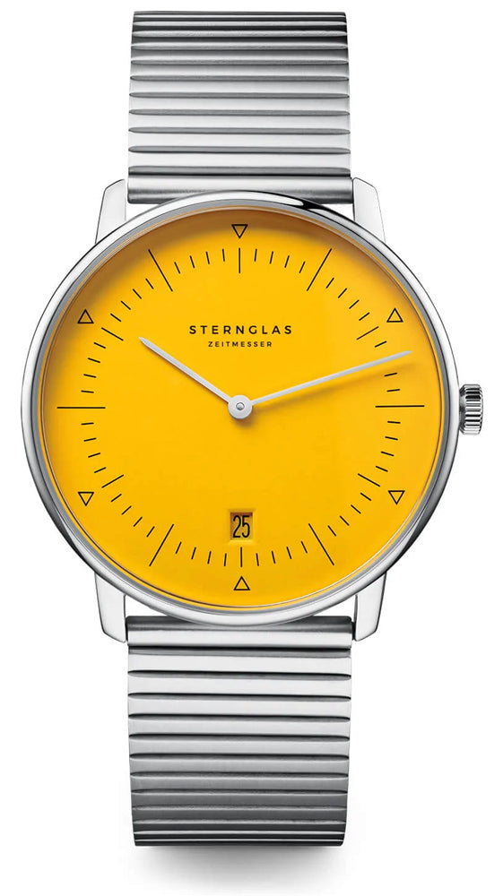 Sternglas NAOS Edition Bauhaus II 38mm Quartz Watch S01-NAF23-ME06, Yellow Silver Dial, Sapphire Crystal, Segment Silver Stainless Steel Strap, 5 ATM Water Resistant