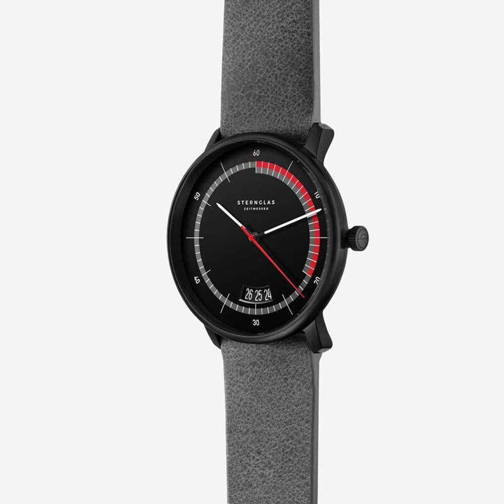 Sternglas NAOS Edition Sport 38mm Watch S01-NAS05-VI21, Black-Red Dial, Sapphire Crystal, Vintage Concrete Black Leather Strap, 5 ATM Water Resistant