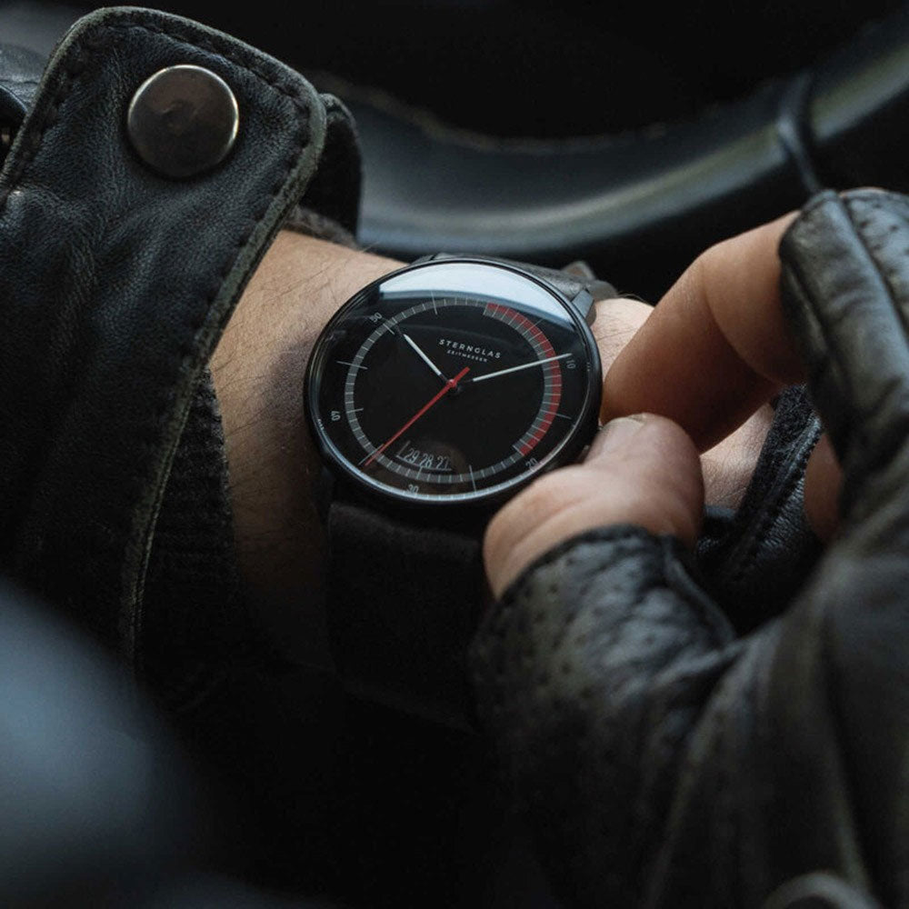 Sternglas NAOS Edition Sport 38mm Watch S01-NAS05-VI21, Black-Red Dial, Sapphire Crystal, Vintage Concrete Black Leather Strap, 5 ATM Water Resistant