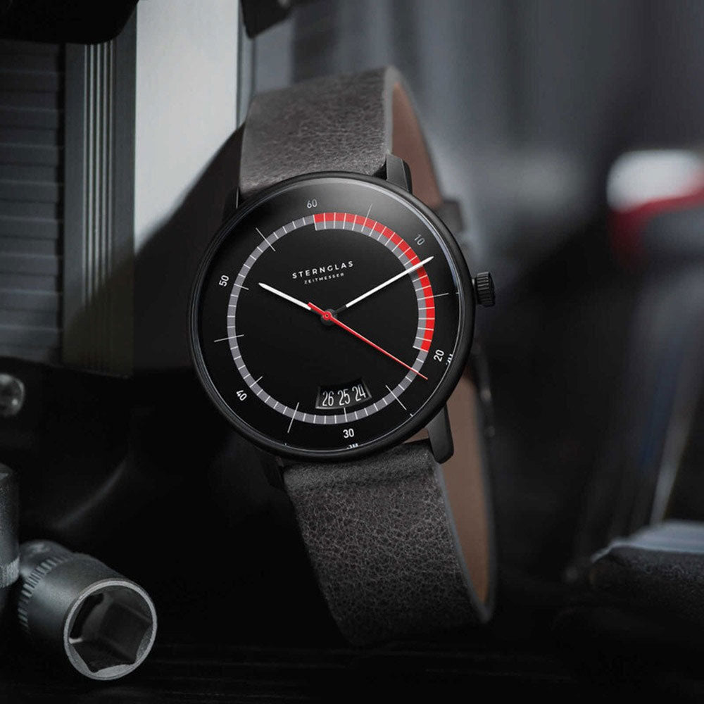 Sternglas NAOS Edition Sport 38mm Watch S01-NAS05-VI21, Black-Red Dial, Sapphire Crystal, Vintage Concrete Black Leather Strap, 5 ATM Water Resistant