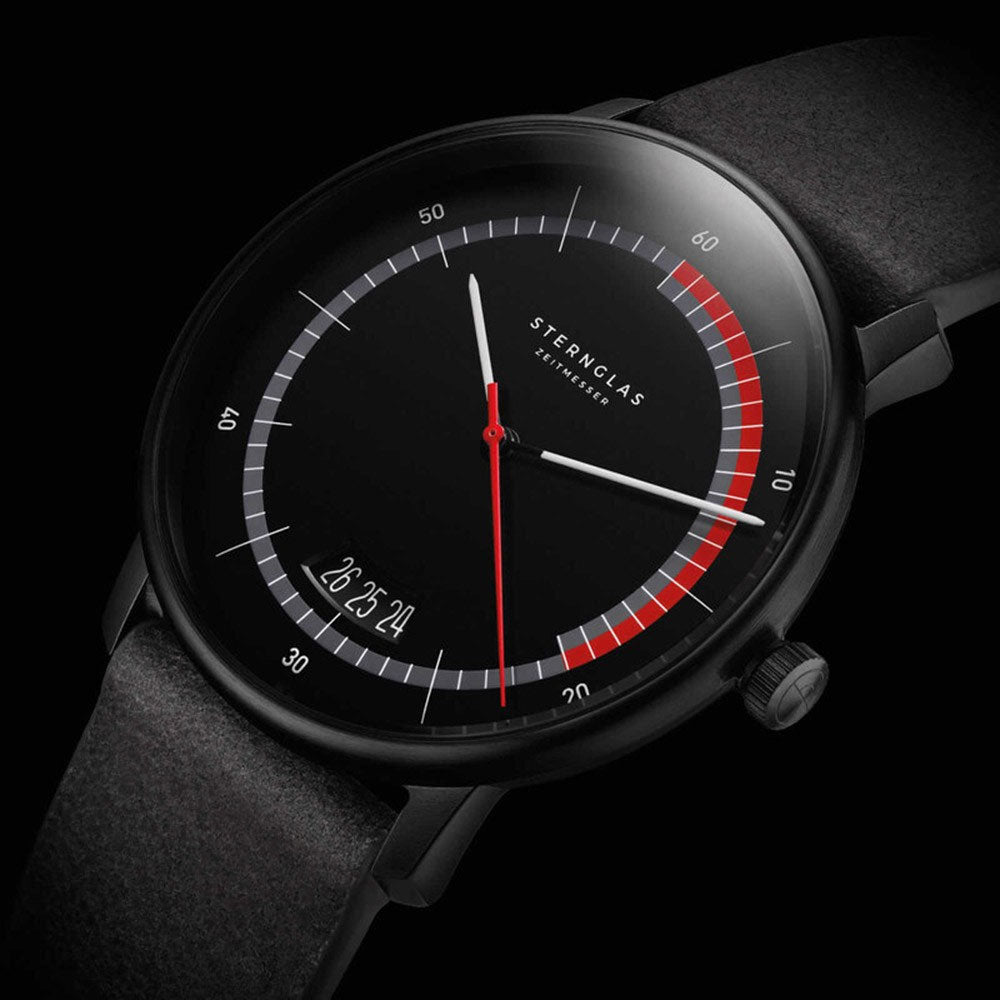 Sternglas NAOS Edition Sport 38mm Watch S01-NAS05-VI21, Black-Red Dial, Sapphire Crystal, Vintage Concrete Black Leather Strap, 5 ATM Water Resistant