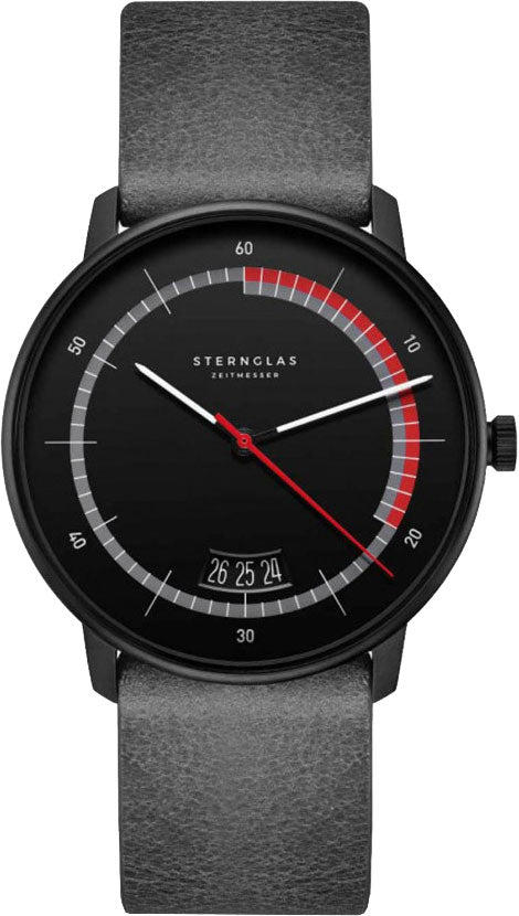Sternglas NAOS Edition Sport 38mm Watch S01-NAS05-VI21, Black-Red Dial, Sapphire Crystal, Vintage Concrete Black Leather Strap, 5 ATM Water Resistant