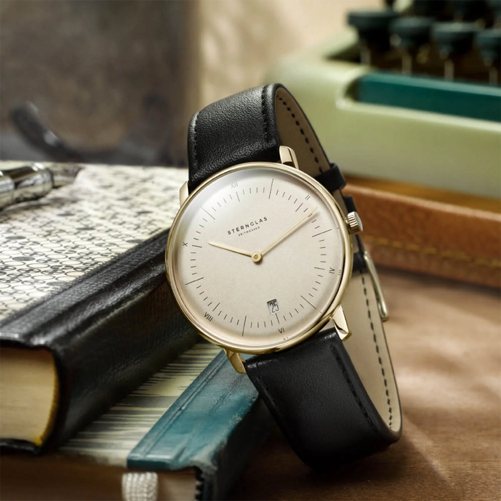 Sternglas NAOS Edition Vintage 38mm Quartz Watch S01-NAV14-MO03, Sepia-Satined Dial, Sapphire Crystal, Modena Black Leather Strap, 5 ATM Water Resistant