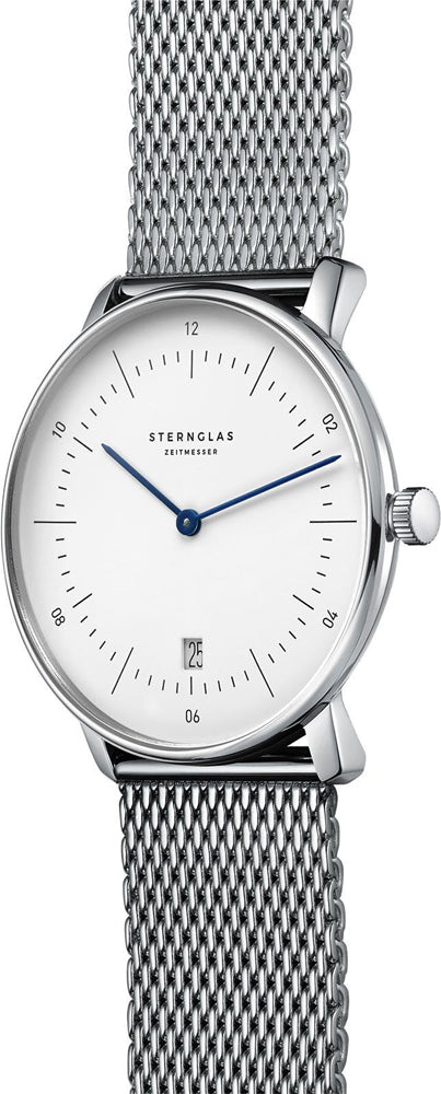 Sternglas Naos 38mm Quartz Watch S01-NA01-MI04, White Silver Dial, Sapphire Crystal, Premium Silver Milanese Strap, 5 ATM Water Resistant