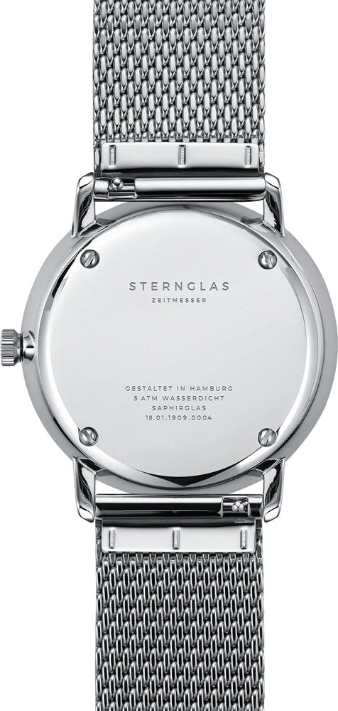 Sternglas Naos 38mm Quartz Watch S01-NA01-MI04, White Silver Dial, Sapphire Crystal, Premium Silver Milanese Strap, 5 ATM Water Resistant