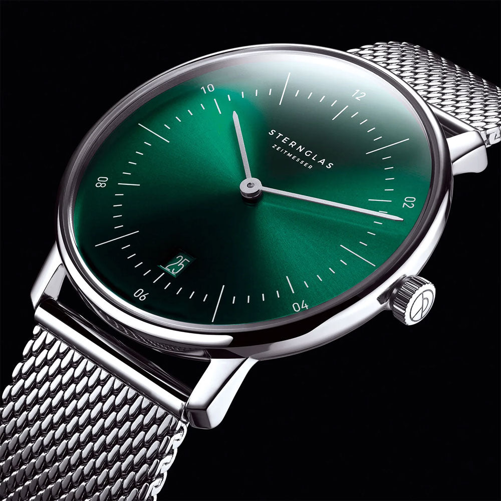 Sternglas NAOS 38mm Quartz Watch S01-NA08-MI04, Sunburst Green Silver Dial, Sapphire Crystal, Milanaise Silver Mesh Strap, 5 ATM Water Resistant