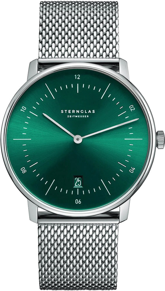 Sternglas NAOS 38mm Quartz Watch S01-NA08-MI04, Sunburst Green Silver Dial, Sapphire Crystal, Milanaise Silver Mesh Strap, 5 ATM Water Resistant