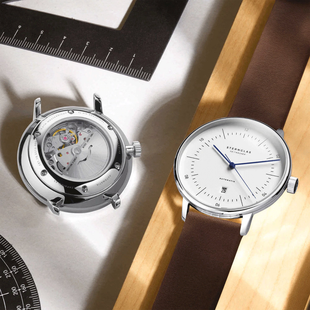 Sternglas NAOS XL 42mm Automatic Watch S02-NX01-PR04, White Dial, Sapphire Crystal, Premium Dark Brown Leather Strap, 5 ATM Water Resistant