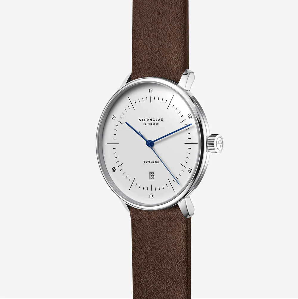 Sternglas NAOS XL 42mm Automatic Watch S02-NX01-PR04, White Dial, Sapphire Crystal, Premium Dark Brown Leather Strap, 5 ATM Water Resistant