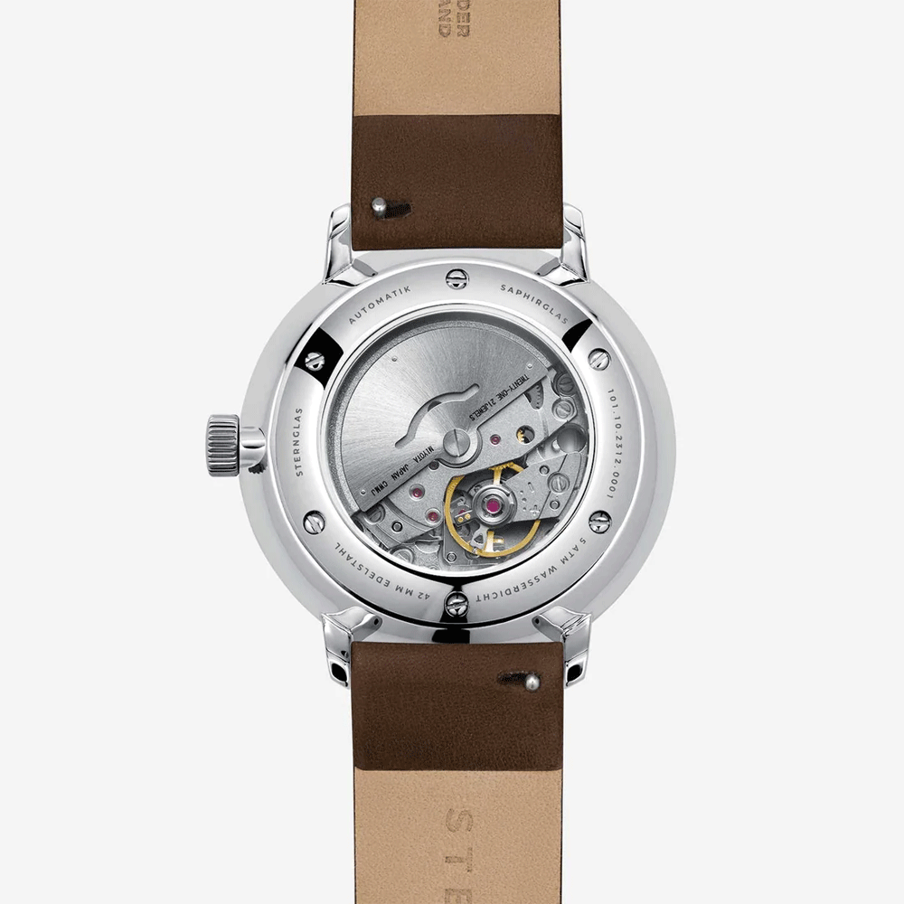 Sternglas NAOS XL 42mm Automatic Watch S02-NX01-PR04, White Dial, Sapphire Crystal, Premium Dark Brown Leather Strap, 5 ATM Water Resistant