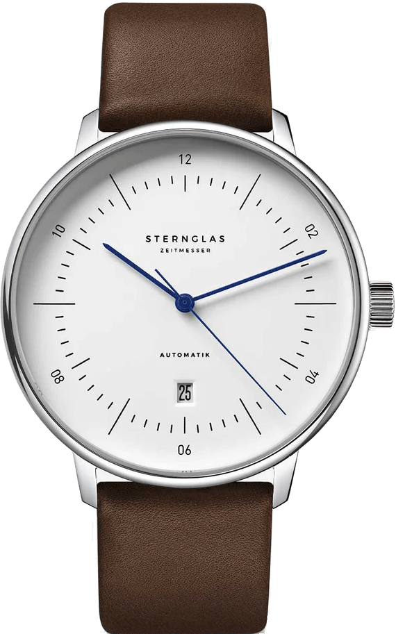 Sternglas NAOS XL 42mm Automatic Watch S02-NX01-PR04, White Dial, Sapphire Crystal, Premium Dark Brown Leather Strap, 5 ATM Water Resistant