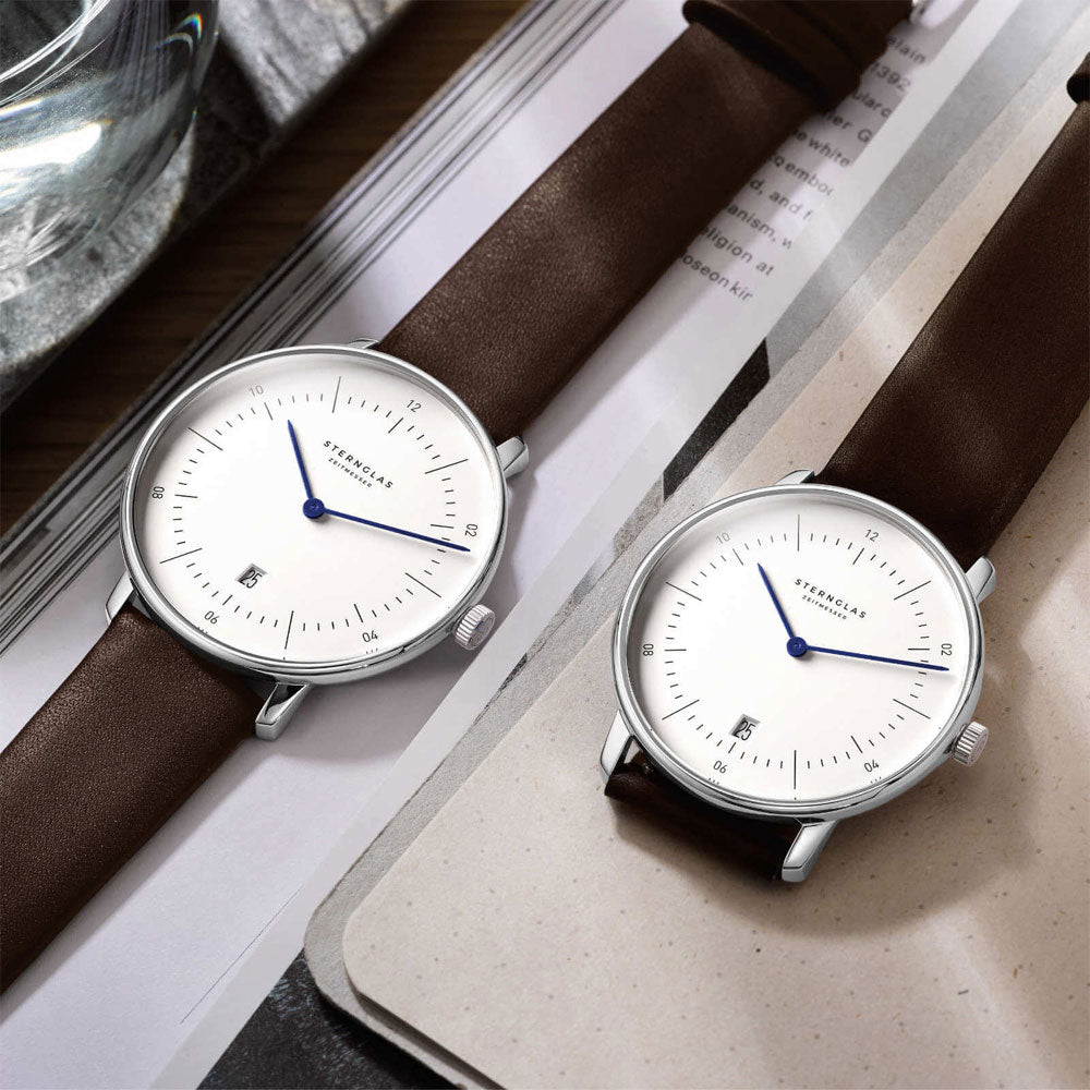 Sternglas NAOS XL 42mm Quartz Watch S01-NX01-PR04, White Dial, Sapphire Crystal, Premium Dark Brown Leather Strap, 5 ATM Water Resistant