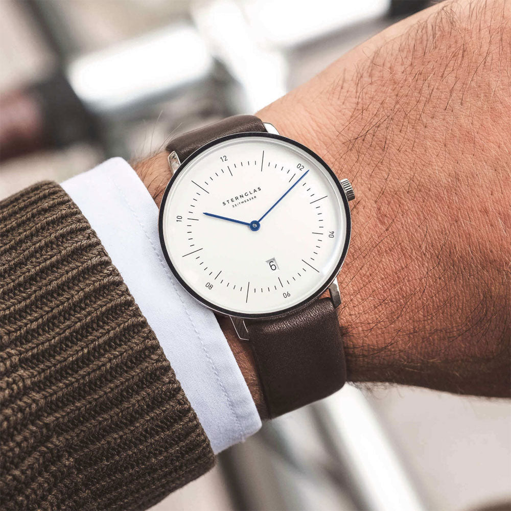 Sternglas NAOS XL 42mm Quartz Watch S01-NX01-PR04, White Dial, Sapphire Crystal, Premium Dark Brown Leather Strap, 5 ATM Water Resistant