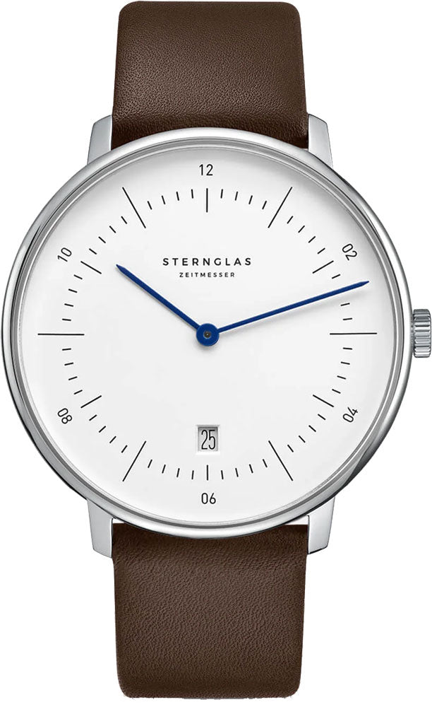 Sternglas NAOS XL 42mm Quartz Watch S01-NX01-PR04, White Dial, Sapphire Crystal, Premium Dark Brown Leather Strap, 5 ATM Water Resistant