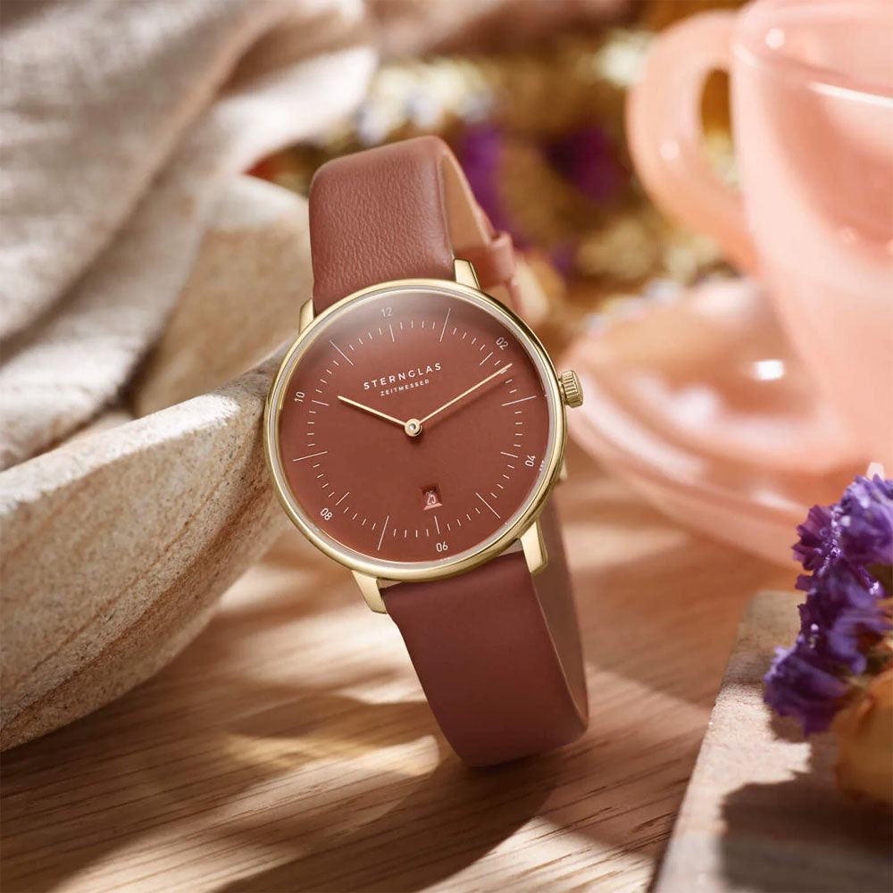 Sternglas NAOS XS EDITION FLORA 33mm Quartz Watch S01-NDF21-KL11, Terracotta Gold Dial, Sapphire Crystal, Classic Terracotta Leather Strap, 5 ATM Water Resistant