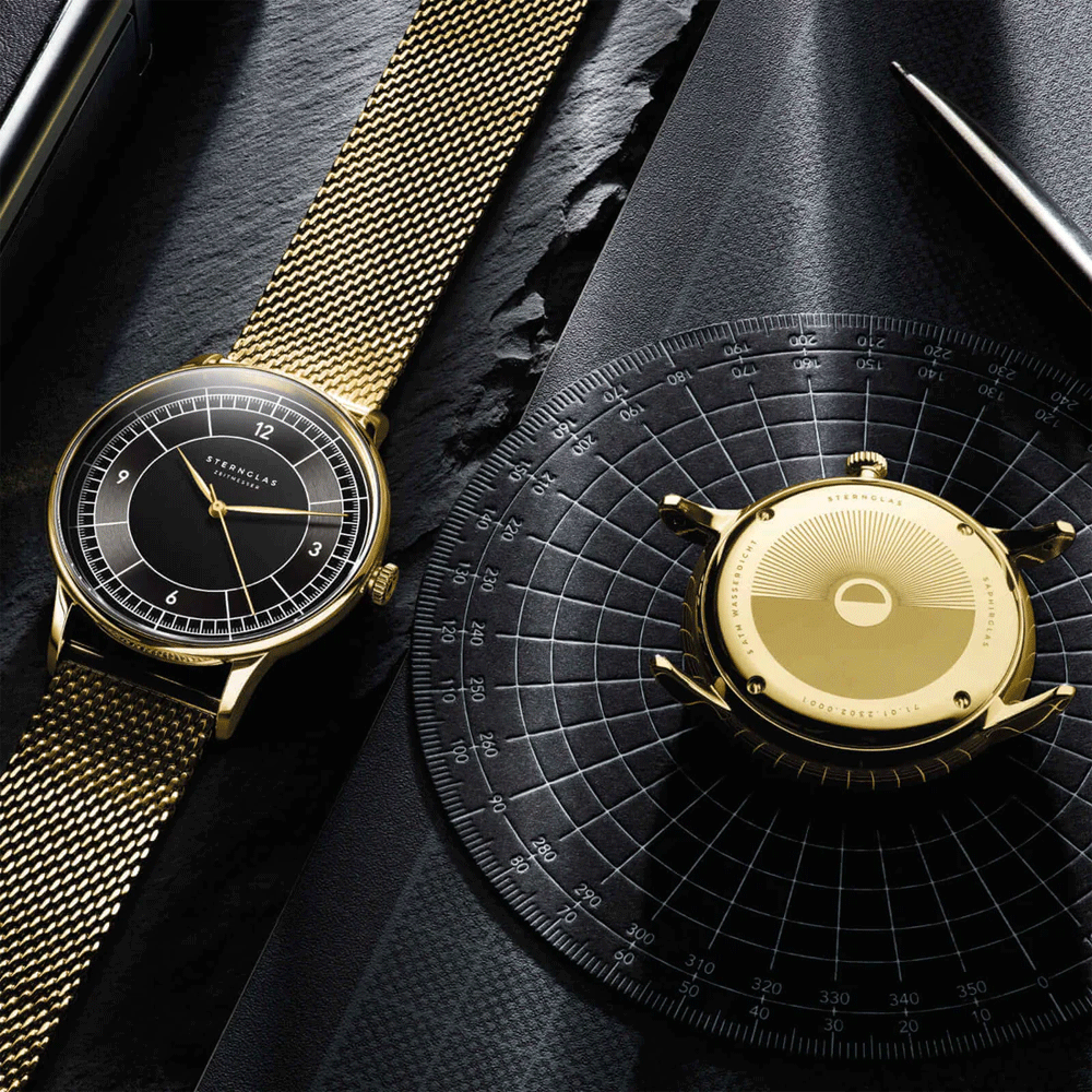 Sternglas SEDIUS 40mm Quartz Watch S01-SD04-MI05, Black-Anthracite Dial, Sapphire Crystal, Milanaise Gold Mesh Strap, 5 ATM Water Resistant