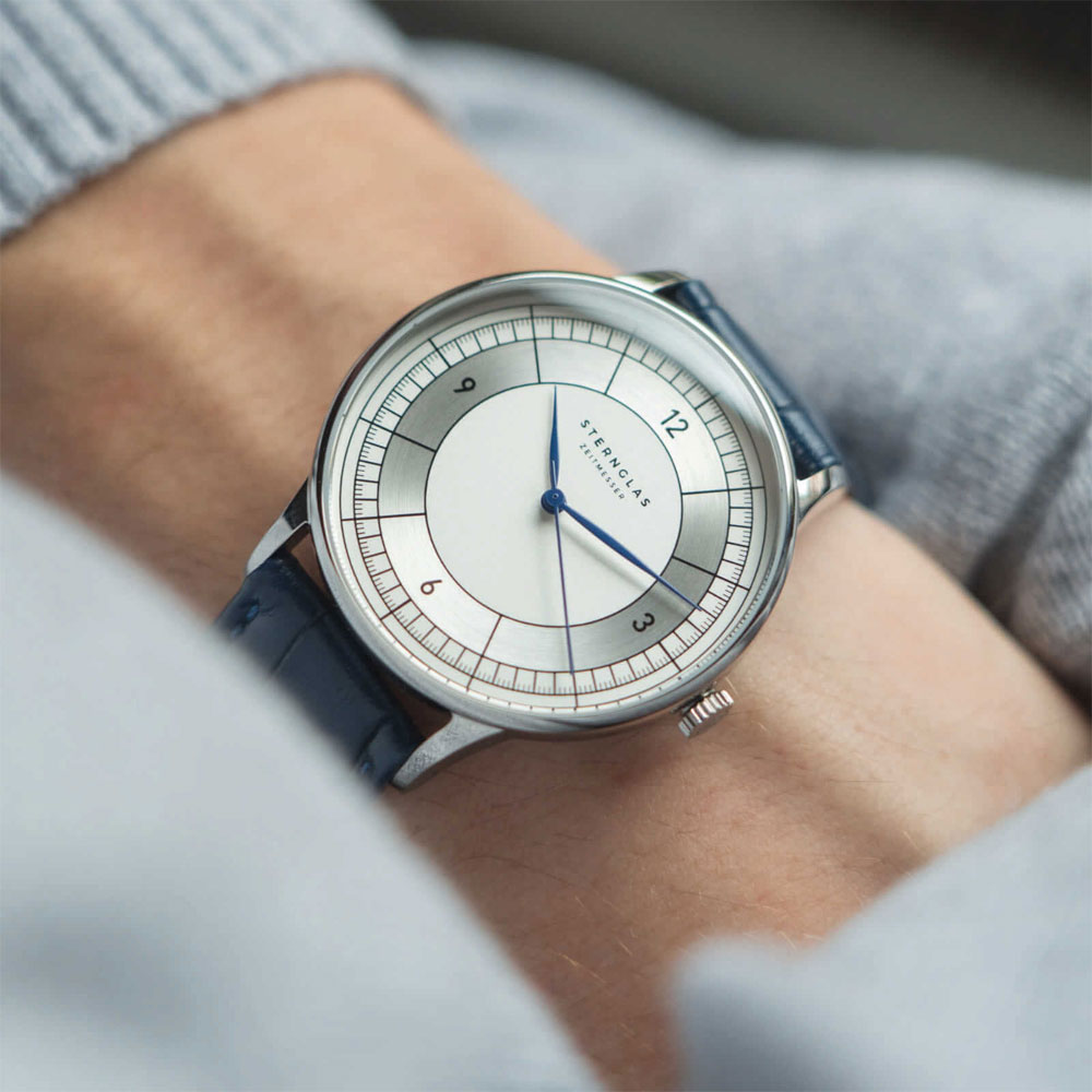 Sternglas SEDIUS 40mm Quartz Watch S01-SD01-HE02, White-Silver Dial, Sapphire Crystal, Heritage Dark Blue Leather Strap, 5 ATM Water Resistant